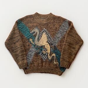 Vtg 90s Street Scenes Dragon Sweater Leather Men's Size Medium Chunky Knit Brown